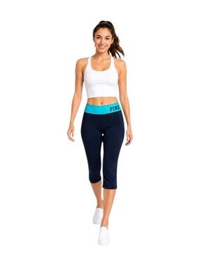 Victoria’s Secret PINK Size S/P Teal & black  Capri Yoga Leggings Foldover Waist